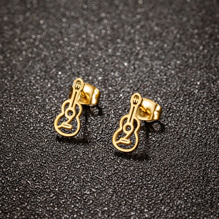 INS Style 18K Gold Plated Violin Hollow Earrings Music Series Stainless Steel Guitar Mini Earrings Wholesale