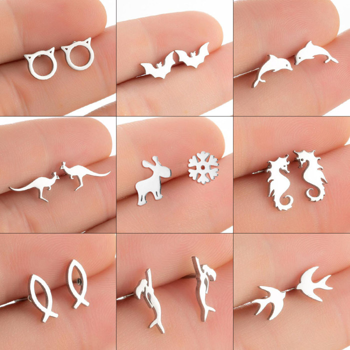 Amazon New Fashion Earrings Electroplated Simple Cat Dolphin Bat Earrings Elegant Simple Ear Bone Studs Wholesale