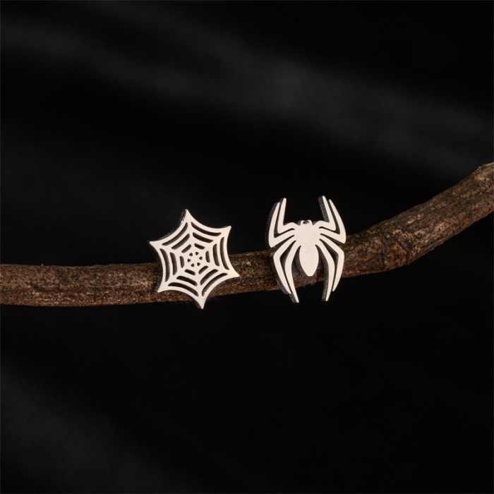 European and American Cross-Border New Gothic Asymmetric Earrings INS Stainless Steel Spider Web Halloween Earrings Wholesale