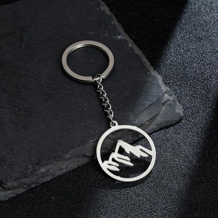 Minimalist Stainless Steel Keychain Style Simple Geometric Round Hollow Snow Mountain Peak Pendant Accessory Hanging...