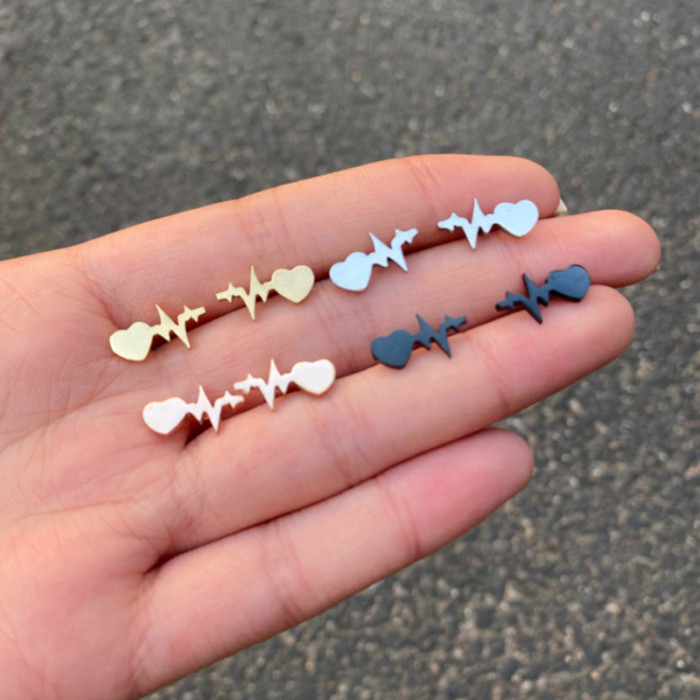 Geometric Simple Heartbeat Heart Earrings Ins Fashion Personality Heart-shaped ECG Lightning Earrings New European and American Style