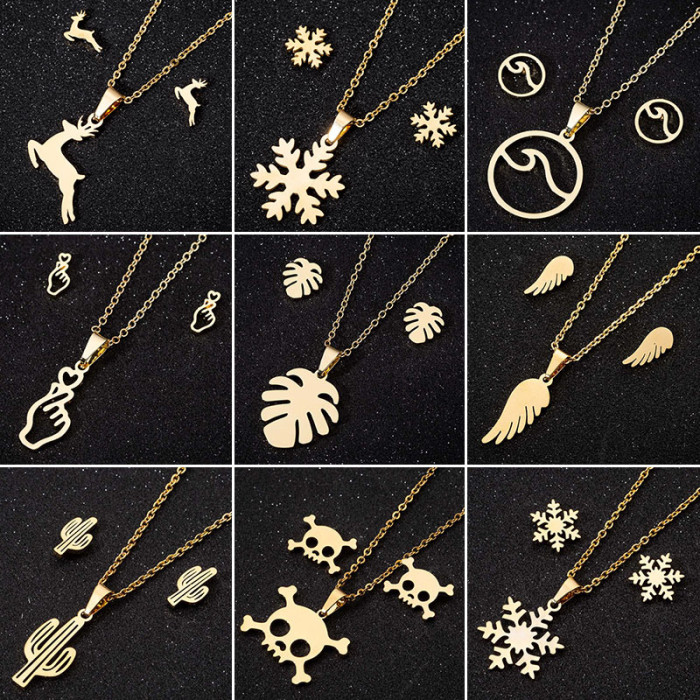 Christmas Fashion Simple Galloping Deer Snowflake Feather Hollow Skull Stud Earrings Necklace Wholesale