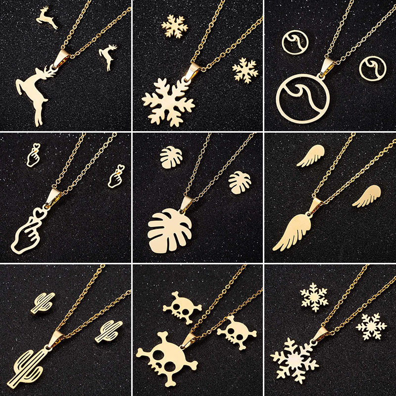 European and American Christmas Fashion Simple Galloping Deer Snowflake Feather Hollow Skull Stud Earrings Necklace Wholesale