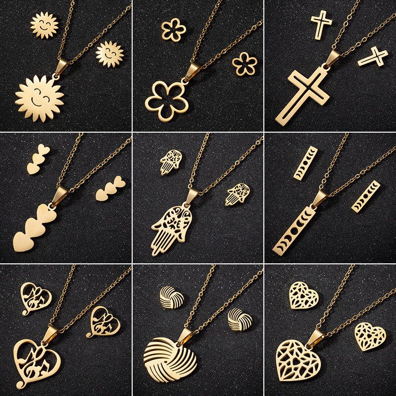 European and American Style Stainless Steel Geometric Simple Pendant Necklace Fashionable Personality Hollow Origami Heart-shaped Earrings Three-piece Set