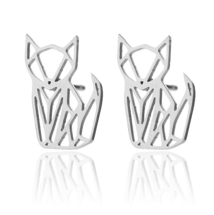 Fashion Black Hip-Hop Origami Fox Earrings Cute Women's Hollow Stainless Steel Small Animal Earrings In Stock Wholesale