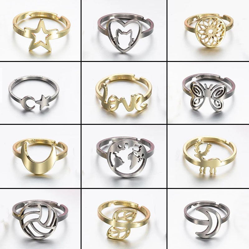 European and American Cross-Border New Stainless Steel Geometric Vintage Adjustable Open Ring Star Moon Hand Jewelry Wholesale In Stock