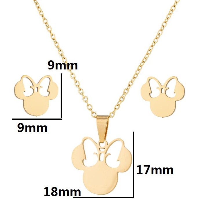 Korean Version Cute Mickey Mouse Earrings for Women, Personalized Fashion Stainless Steel Pendant Clavicle Chain Fresh Jewelry Set