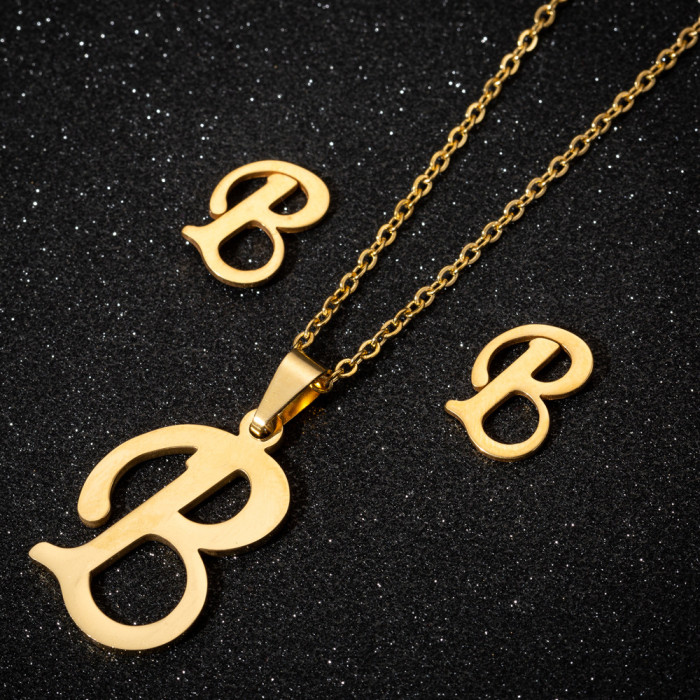 Stainless Steel 26 Letter Pendant Necklace Set European and American New Style Earrings Women's Letter Necklace Niche Accessories Wholesale