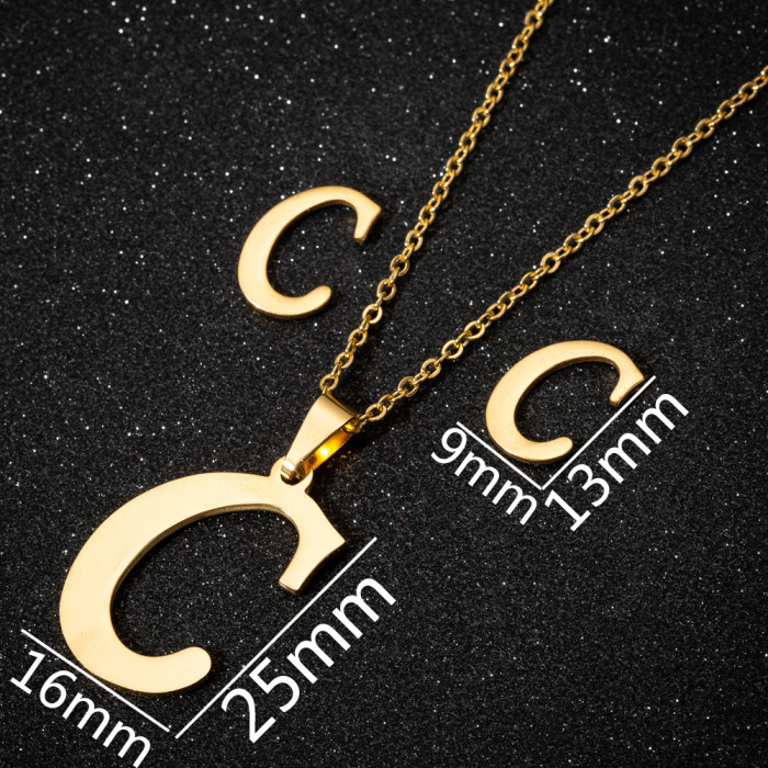 Stainless Steel 26 Letter Pendant Necklace Set European and American New Style Earrings Women's Letter Necklace Niche Accessories Wholesale