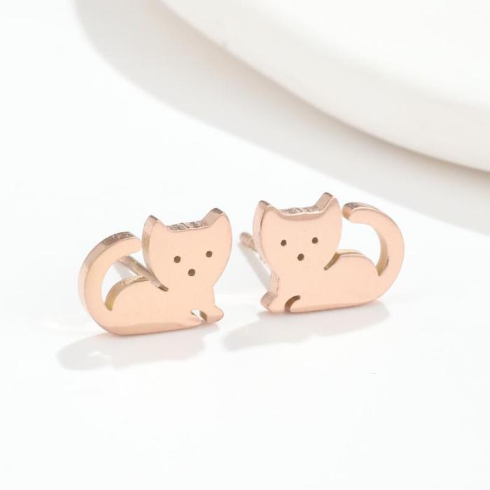 Cat Earrings for Women Simple Cute Small Animal Ear Jewelry Student Korean and Japanese Style Niche Design Stainless Steel Accessories Wholesale