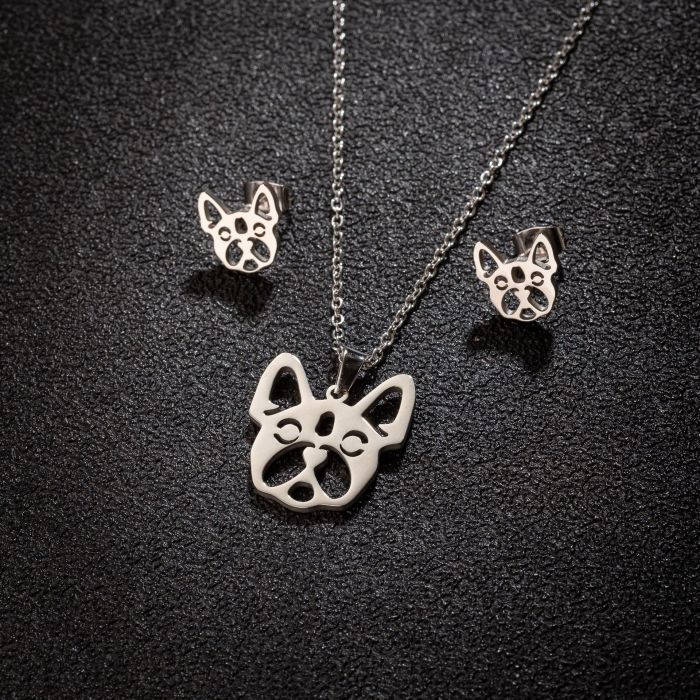 Stainless Steel Jewelry Three-Piece Set Animal Pug Chihuahua Gecko Bird Necklace Earrings Set, Jewelry Sets