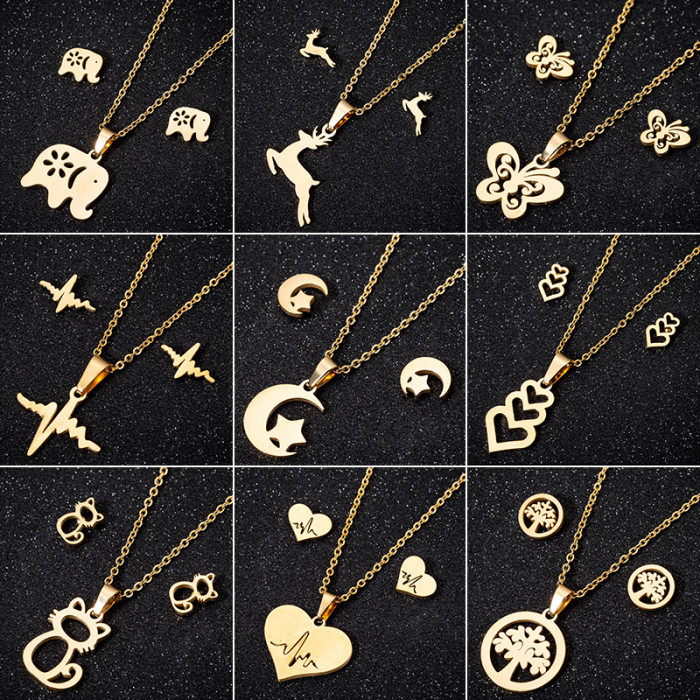 Christmas Deer Necklace Earrings Set Ins fashion Geometric casual Love Heart Star Moon Three-piece Jewelry Wholesale