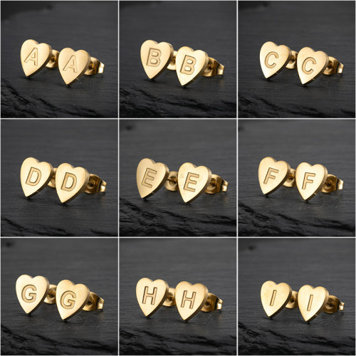 Vintage Earrings Fashion Stainless Steel New Geometric Simple Heart-shaped Stud Earrings 26 English Letters Stud Earrings Wholesale