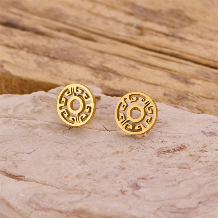 2025 New Retro Copper Coin Earrings INS New Chinese Style Stainless Steel Cut Pattern Geometric Round Earrings In Stock