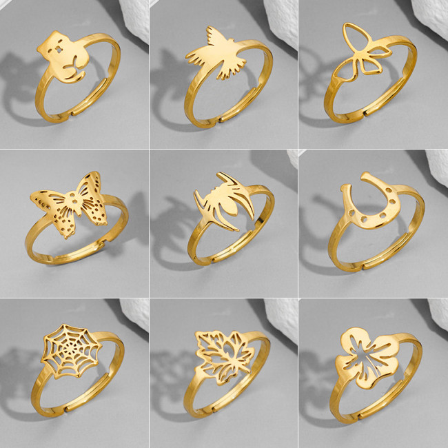 European and American 18K Gold Rings Fashion Couple Style Stainless Steel Spider Web Butterfly Bird Ring Open Cross-Border Accessories