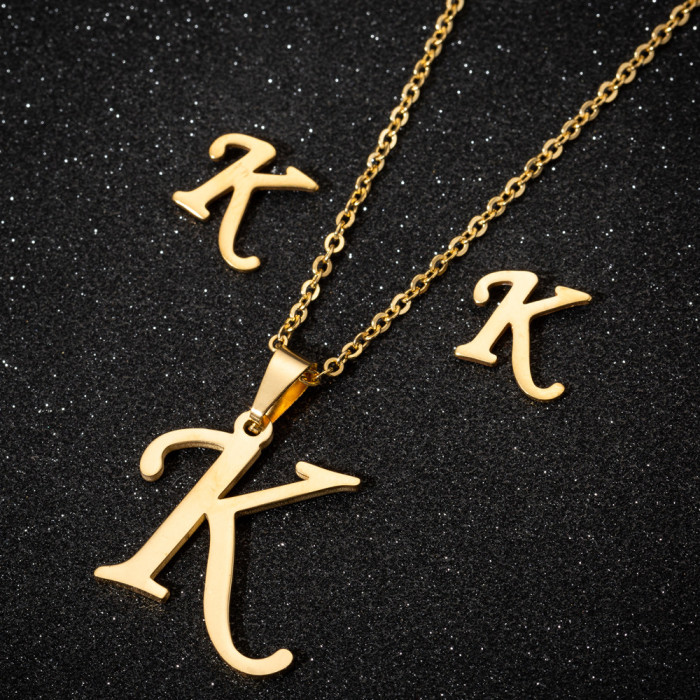 Stainless Steel 26 Letter Pendant Necklace Set European and American New Style Earrings Women's Letter Necklace Niche Accessories Wholesale