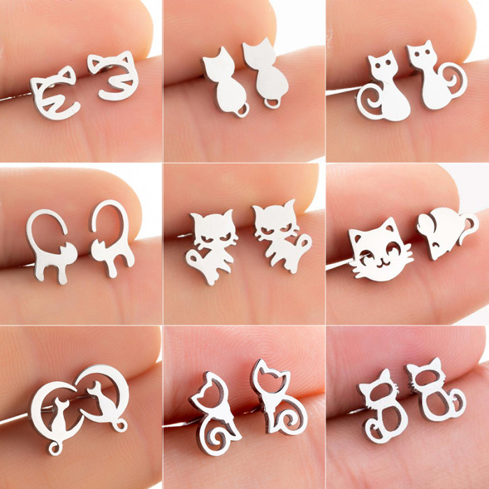 Korean Version Cute Cat and Mouse Earrings Fashion Stainless Steel Small Pet Adorable Cat Earrings Small Animal Ear A...