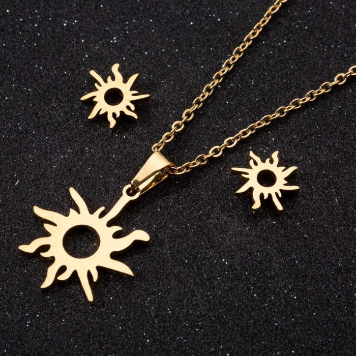 European and American Cross-Border Solar System Three-Piece Set for Women Simple Fresh Hollow Sun Collarbone Chain Earrings In Stock Wholesale