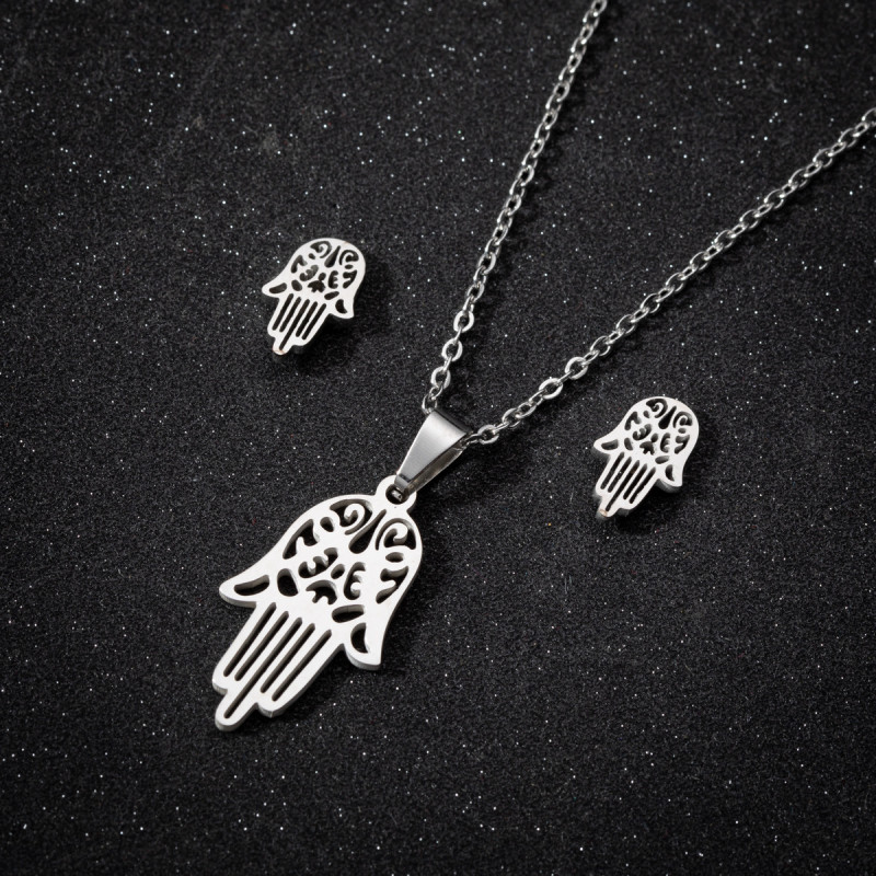 Cross-Border European and American Stainless Steel Hamsa Palm Pendant Necklace Versatile Ins Style Stainless Steel Earrings Jewelry Set