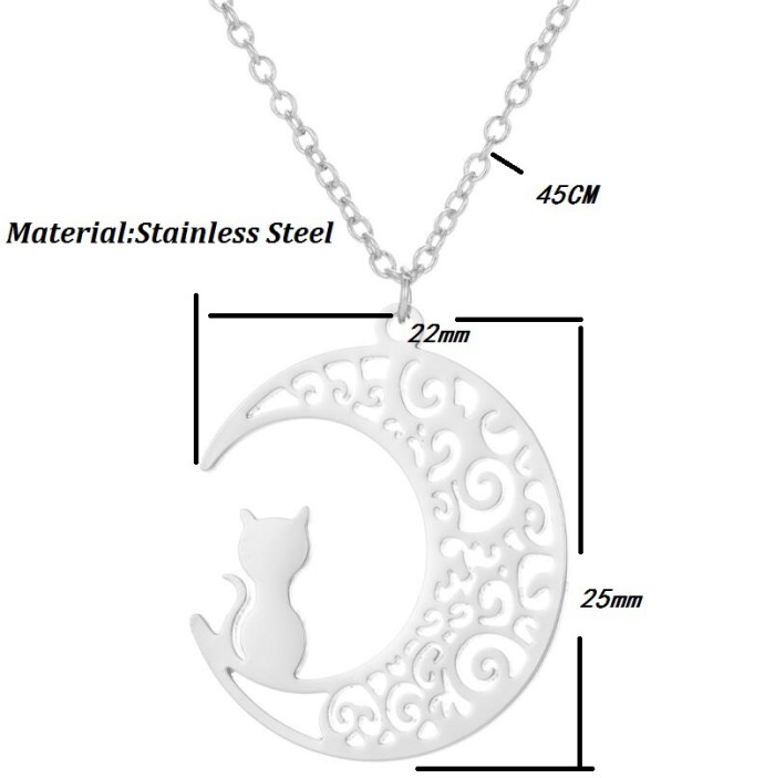 Japanese and Korean Style Small Stainless Steel Origami Cat Moon Necklace Cute Hollow Moon Cat Collarbone Chain for Girls
