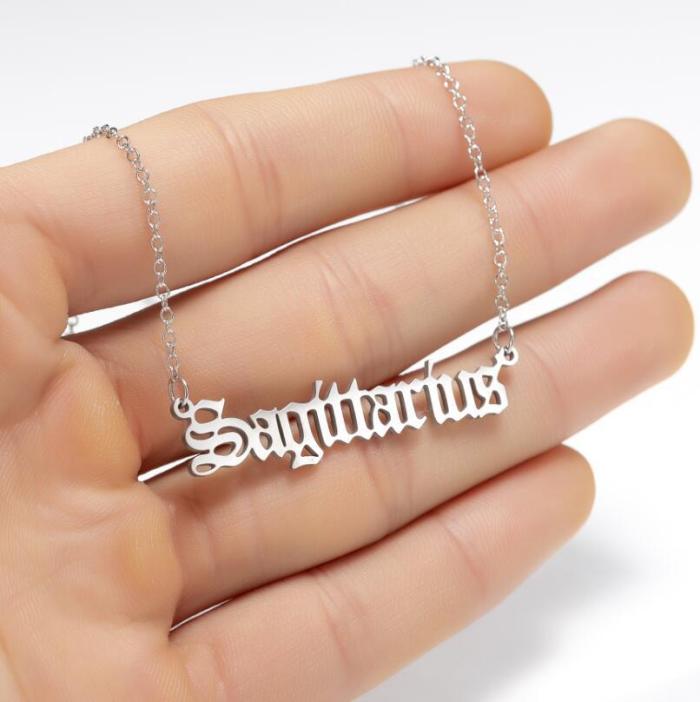European and American Style New Simple Stainless Steel Twelve Constellations English Letter Sweater Necklace for Women Color Retention Collarbone Chain Versatile