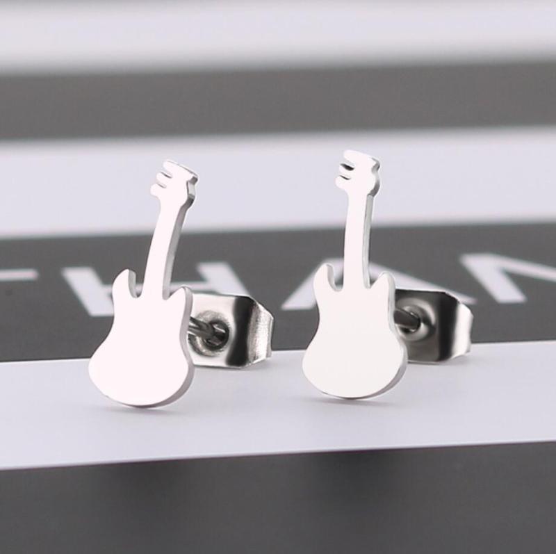 Black European and American Cross-Border New Stainless Steel Guitar Earrings for Women Fashion Simple Stainless Steel Ear Jewelry Wholesale