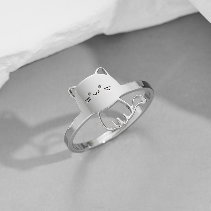 Japanese Style Fashion Personality Adjustable Open Ring Stainless Steel Cute Cat Women's Jewelry Cross-Border In Stock Wholesale