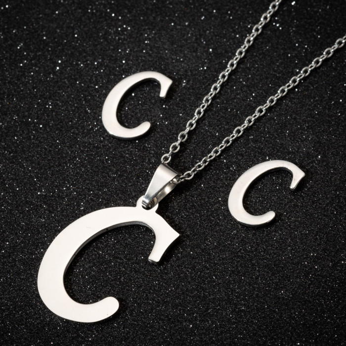 Stainless Steel 26 Letter Pendant Necklace Set European and American New Style Earrings Women's Letter Necklace Niche Accessories Wholesale