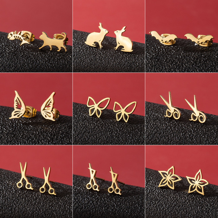 Cross-Border Korean Version Stainless Steel Small Animal Earrings Ins Girls Cute Butterfly Rabbit Asymmetric Cat Fish Earrings