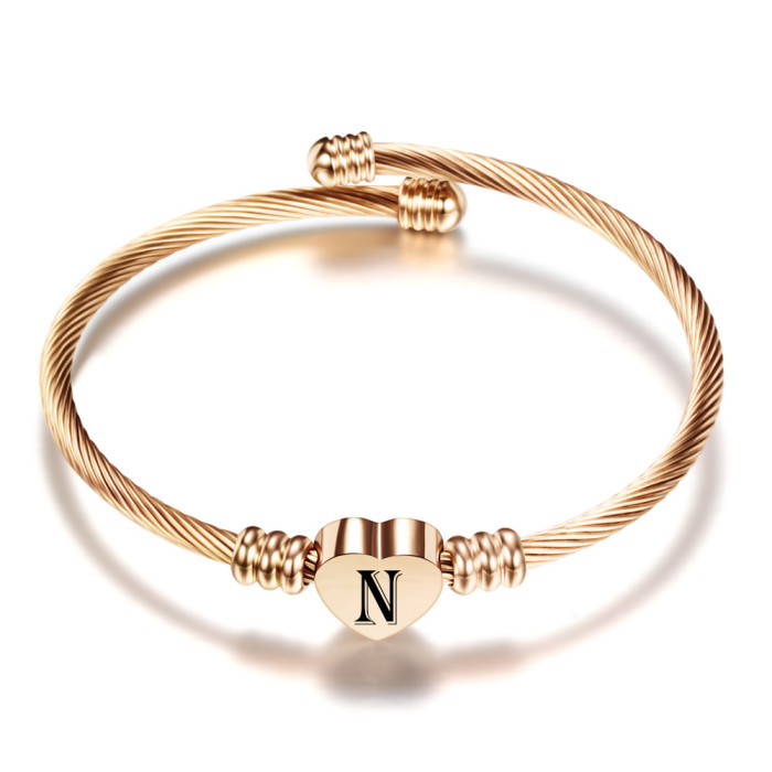 Stainless Steel Braided Bracelet Vintage Cable Line Titanium Steel Heart Bracelet Rose Gold Fashion Sieve 26 Letter Bracelet