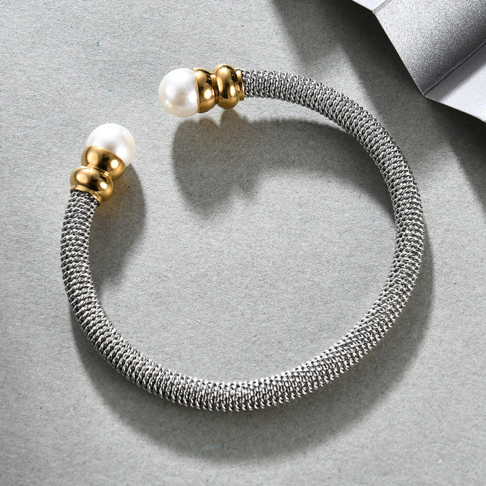 European and American Cross-Border Hot Sale Simple 5MM Cable Pearl Bracelet Fashion Stainless Steel Accessories Two-Tone Electroplating Wholesale