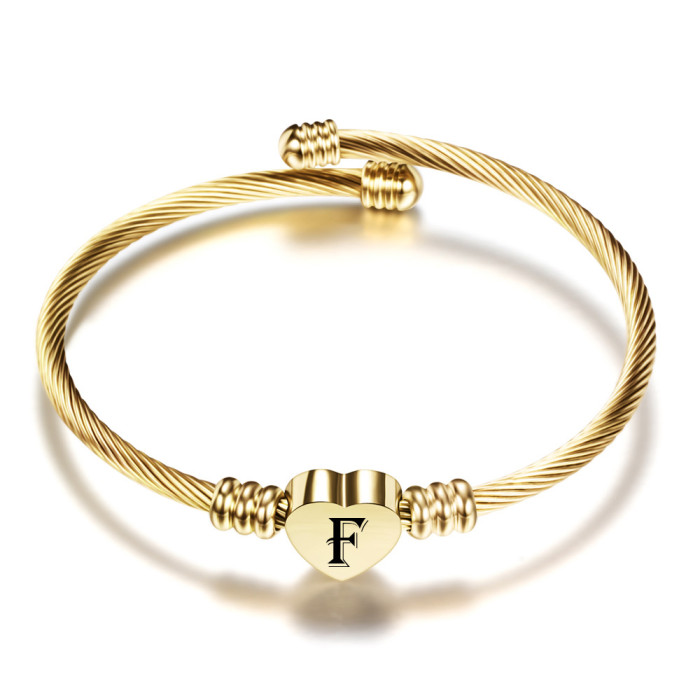 European and American Amazon Gold 26 Letter Sieve Stainless Steel 18K Gold Cable Wire Titanium Steel Heart Bracelet Wholesale for Women