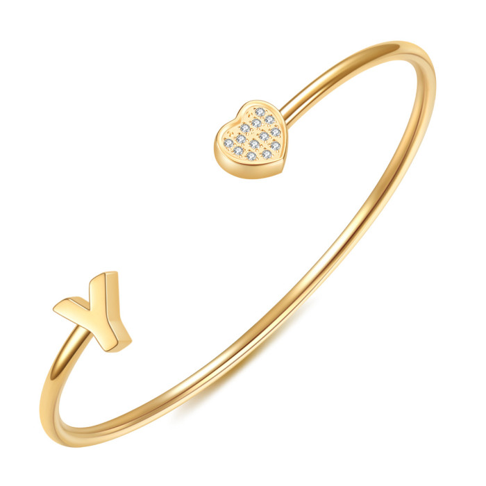 European and American Cross-Border New 26 English Letter Bracelet for Women with Zirconia Heart Open Stainless Steel Bracelet Fashionable and Simple