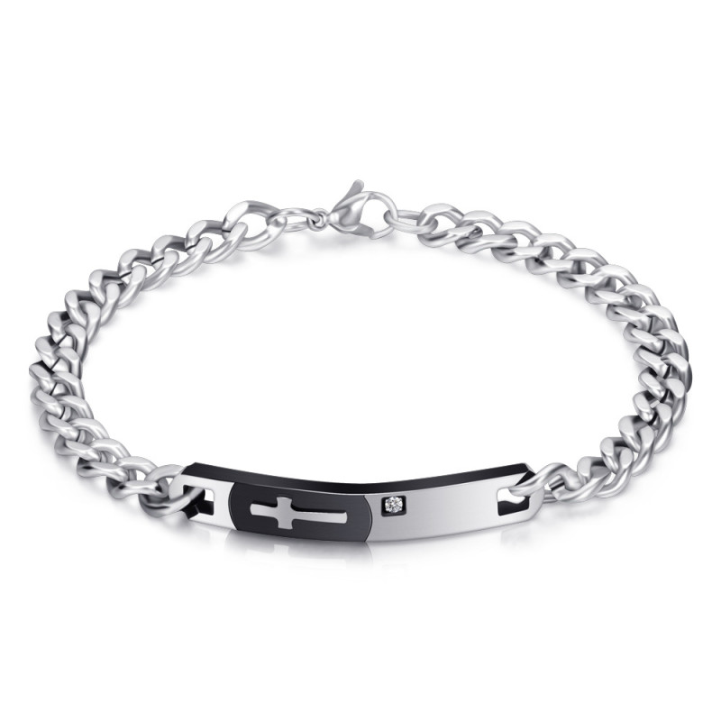 European and American 5 7MM Cross-Border Simple Couple Bracelet Fashion Cross Stainless Steel Bracelet with Inlaid Diamonds Laser Logo Available