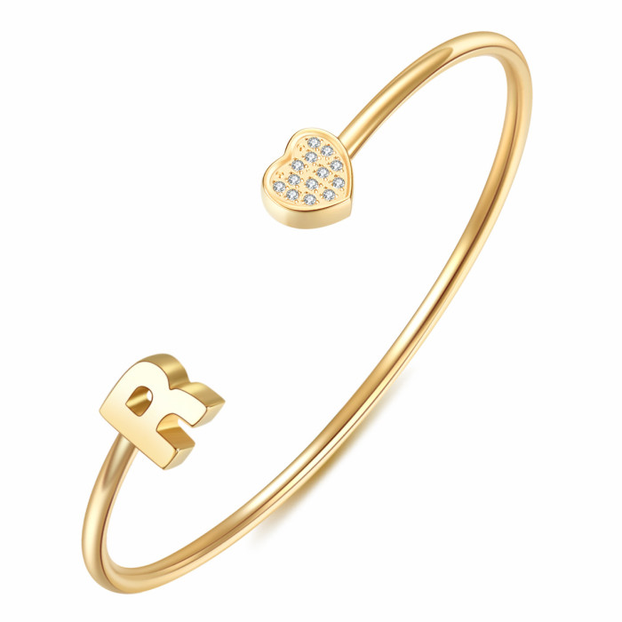 European and American Cross-Border New 26 English Letter Bracelet for Women with Zirconia Heart Open Stainless Steel Bracelet Fashionable and Simple