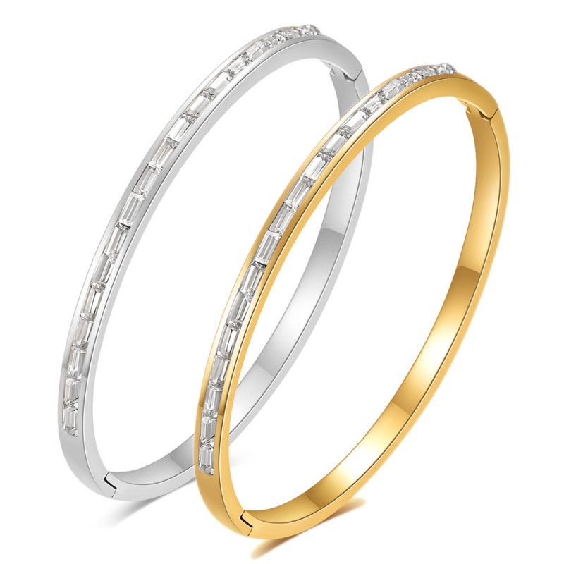European and American Cross-Border Fashion INS Simple 4MM Long Bar Zircon Inlaid Stainless Steel Round Open Bracelet Titanium Steel Bracelet Wholesale