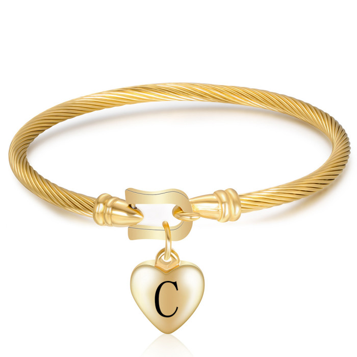 Cross-Border European and American Style Personalized 18K Gold Horseshoe Clasp 26 Letter Heart Letter Bracelet Titanium Steel Simple Gift Bracelet for Women