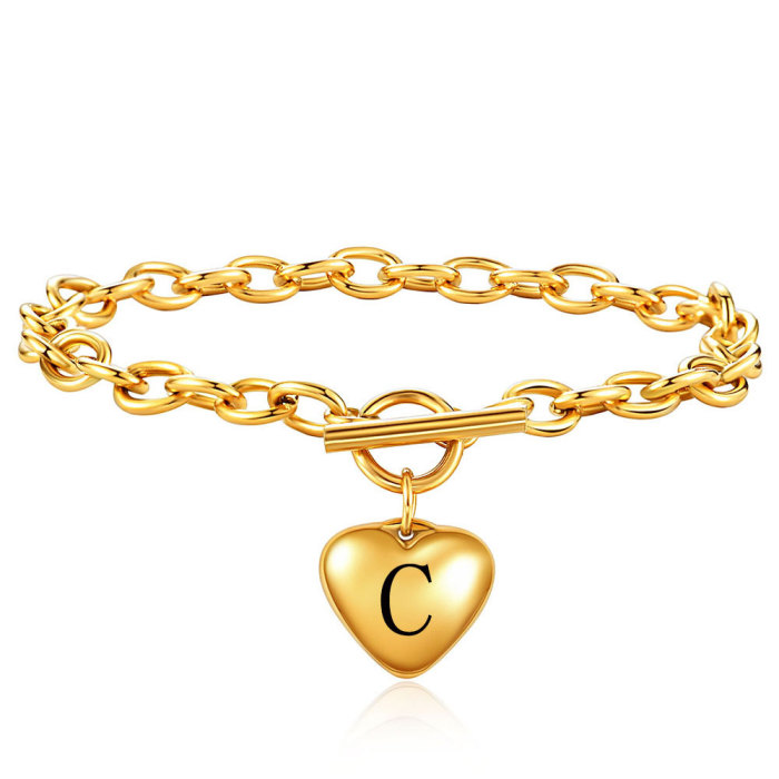 Manufacturer Wholesale Fashion Simple Stainless Steel 26 Letters 16MM Heart OT Buckle Titanium Steel Bracelet Laser Logo Available
