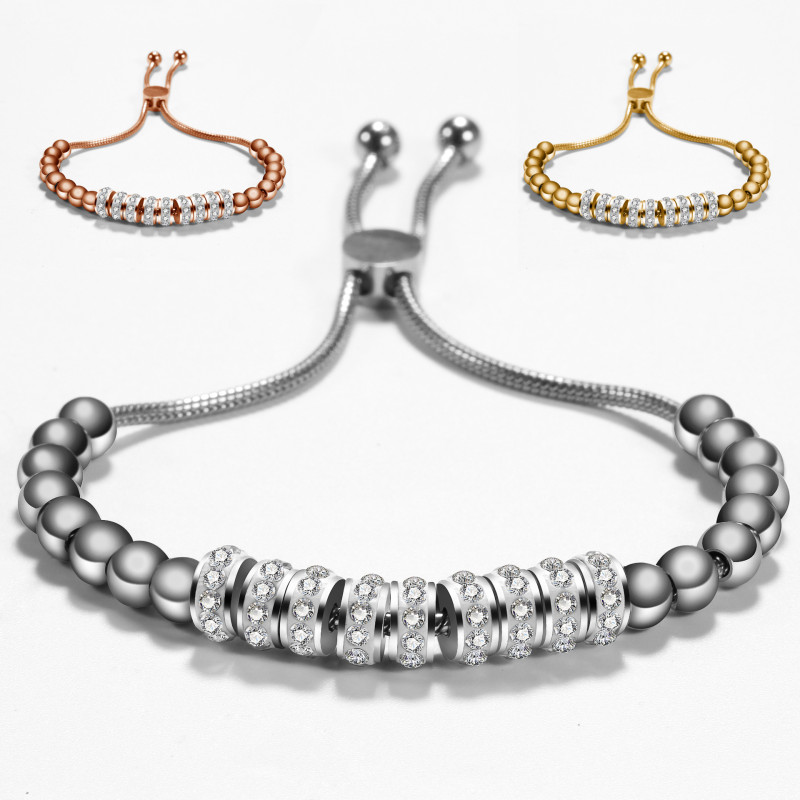 European and American Cross-Border Diamond-Studded Simple Personality Fashion Round Bead Bracelet Adjustable Length Stainless Steel Titanium Steel Bracelet Hot Sale