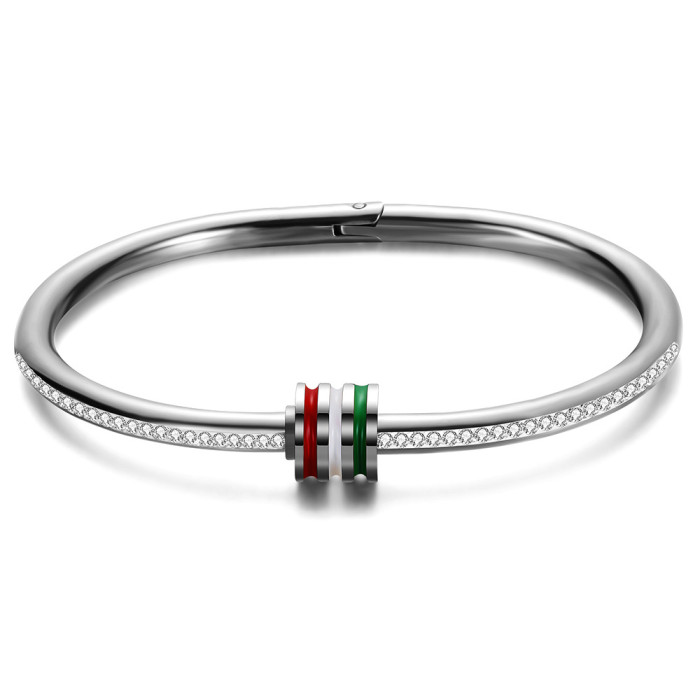 European and American Simple Personality Titanium Steel Bracelet Three-Color Stripe Epoxy 4MM Inlaid Diamond 304 Stainless Steel Bracelet Wholesale for Women