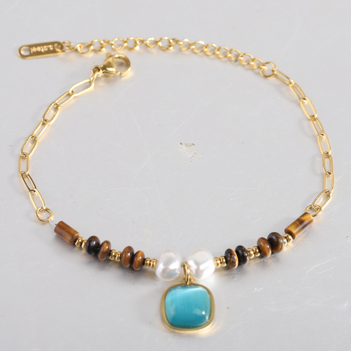 European and American Cross-Border 12MM Fashion Square Sapphire Stainless Steel Bracelet Tiger Eye Pearl Beaded Bracelet Gift for Women