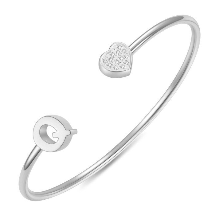 European and American Cross-Border New 26 English Letter Bracelet for Women with Zirconia Heart Open Stainless Steel Bracelet Fashionable and Simple
