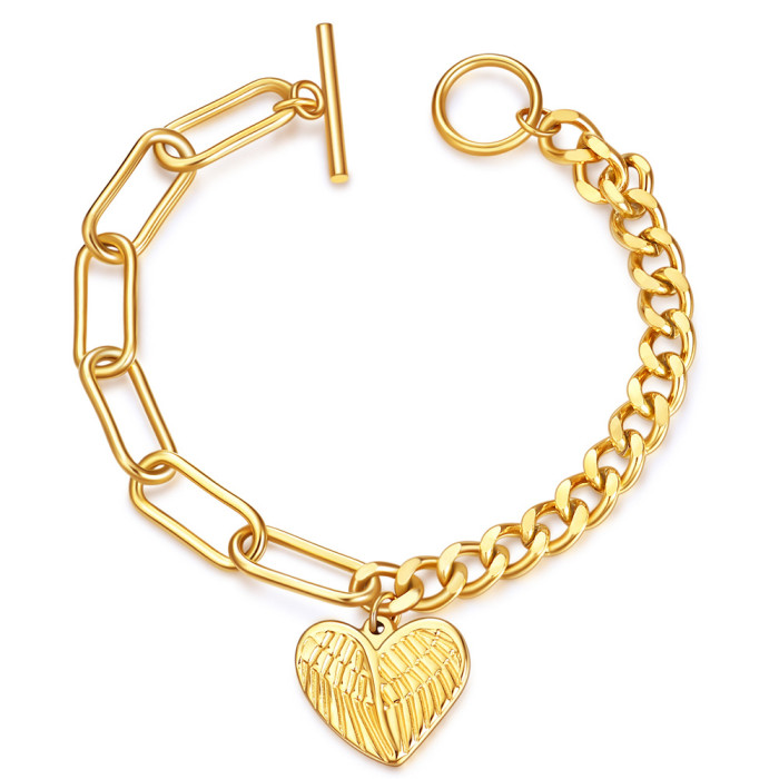 European and American Cross-Border Hot Sale Fashionable Personality Angel Wings Heart OT Chain Stainless Steel Titanium Steel Bracelet Wholesale for Men and Women