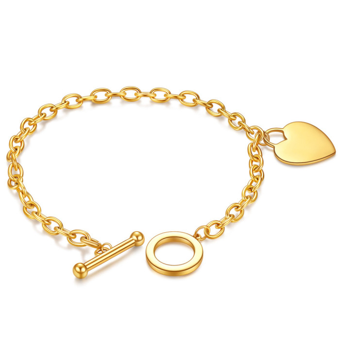 Cross-Border European and American Heart OT Chain Smooth Heart Engraving Laser Logo Women's Titanium Steel Bracelet Simple Stainless Steel Bracelet