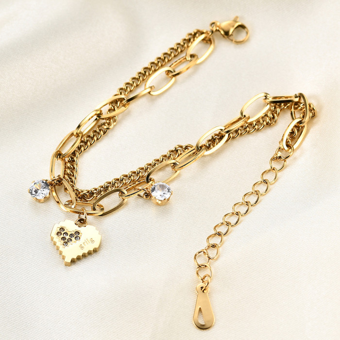 European and American Cross-Border New Double-Layer Pin O-Chain Inlaid Diamond Heart 18K Personalized Versatile Bracelet Wholesale Hot Sale
