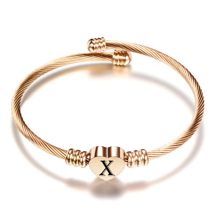 Stainless Steel Braided Bracelet Vintage Cable Line Titanium Steel Heart Bracelet Rose Gold Fashion Sieve 26 Letter Bracelet