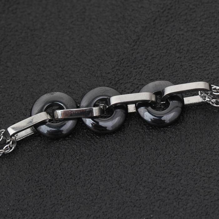 European and American Black and White Three Circle 10MM Spliced Ceramic Fresh Versatile Fashion Unisex Bracelet Titanium Steel Bracelet Wholesale for Women