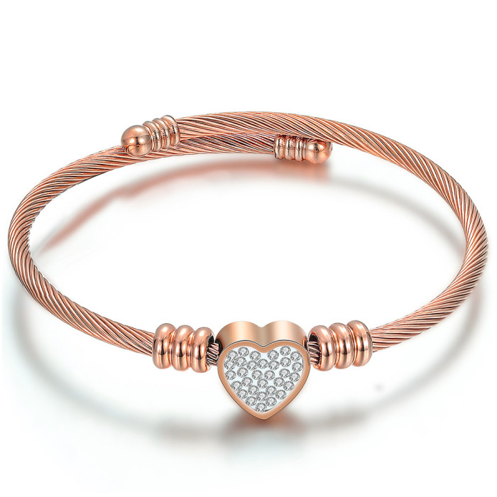 Wish Amazon Hot Sale European and American Simple Titanium Steel Heart Inlaid Diamond Cable Line Women's Adjustable Open Bracelet Wholesale