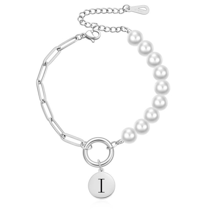 Manufacturer Wholesale European and American New Style Stainless Steel Imitation Pearl O-shaped Bracelet 26 Letters Versatile Simple Titanium Steel Jewelry