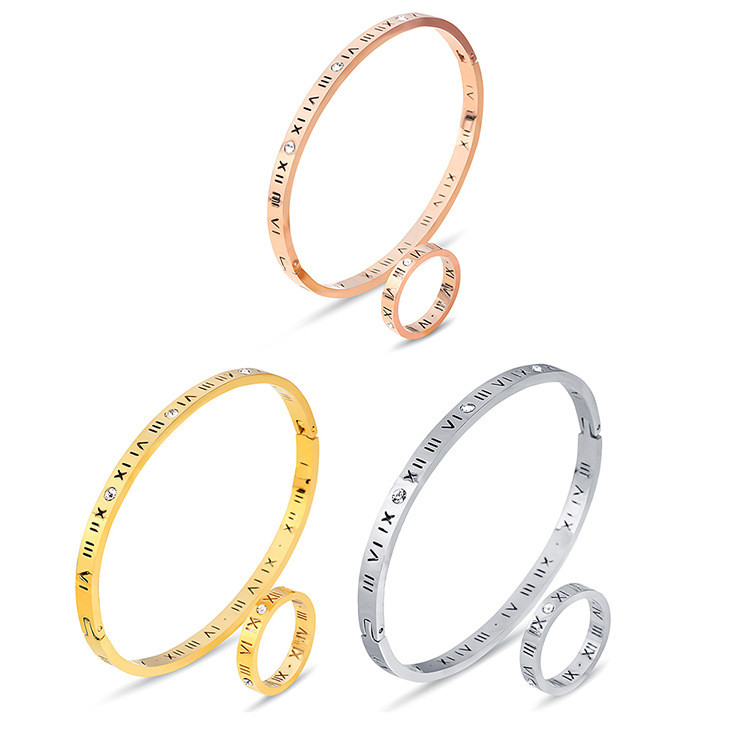 European and American Amazon Hot Sale 304 Stainless Steel Roman Numeral Bracelet Ring Set with Inlaid Diamonds Hollow Set Wholesale